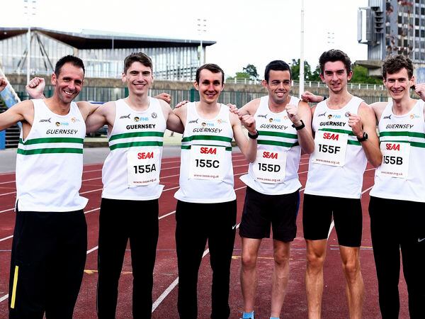 ATHLETICS Southern Road Relays at Crystal Palace. The Guernsey men's squad who finished fifth. Left to right: Steve Dawes, Richard Bartram, Sammy Galpin, James Priest, Alex Rowe, Sam Lesley..Picture by Mark Shearman, 24-09-22. (31303428)