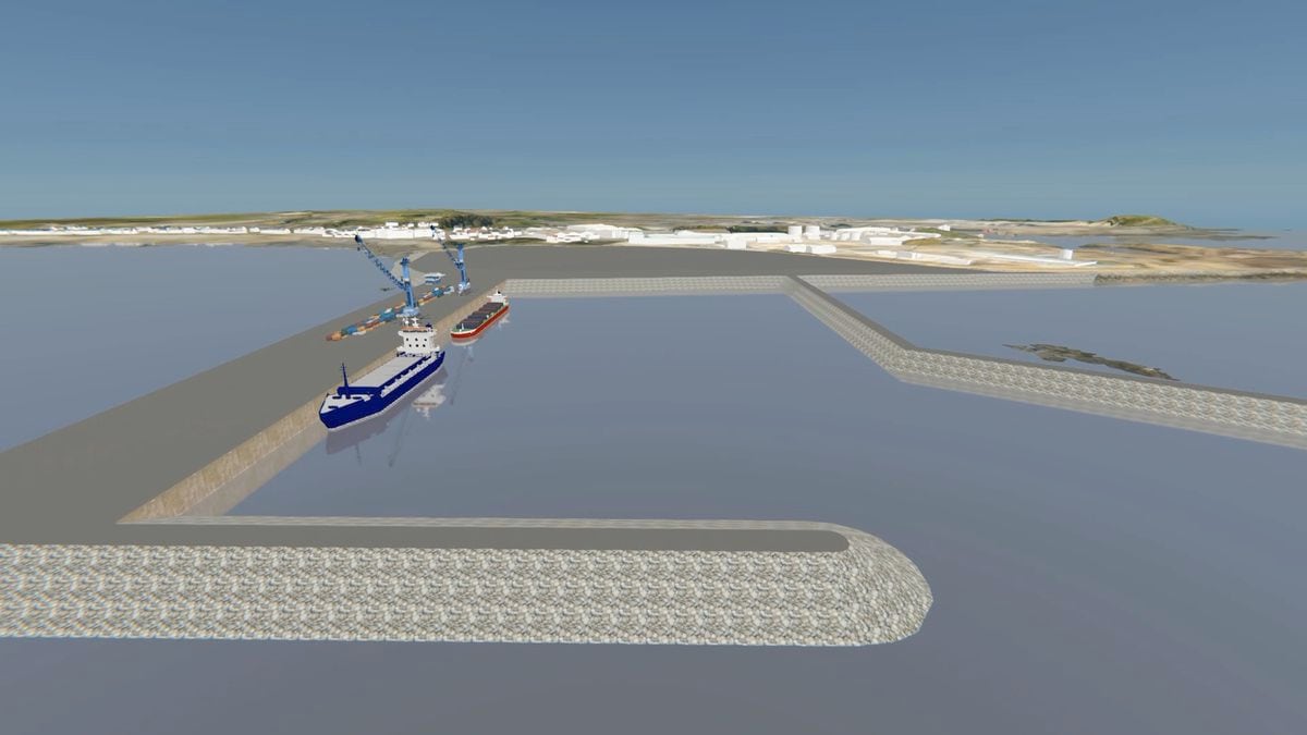A 3D representation of the preferred option for the harbour redevelopment, a new facility south of the Longue Hougue land reclamation site. (Image supplied by STSB and Guernsey Ports)