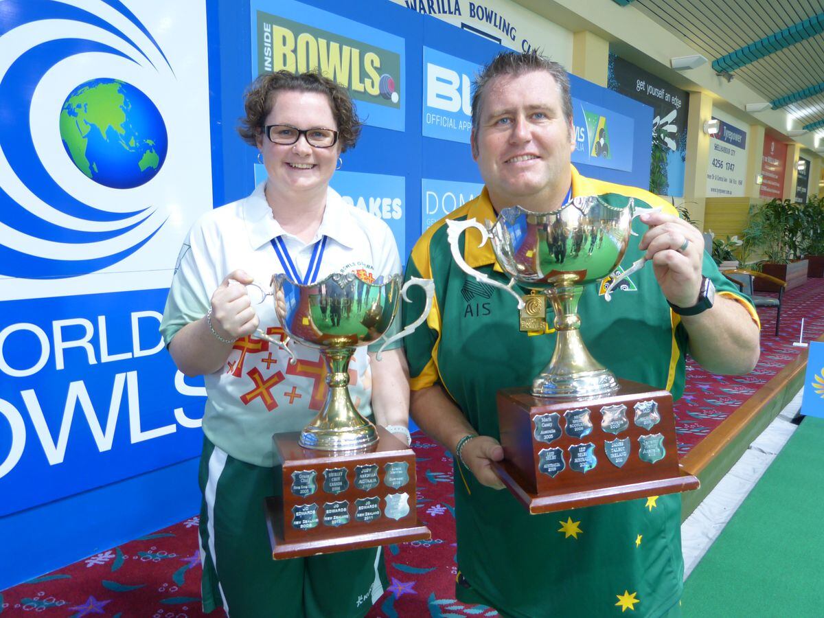 Happy days: A year ago and at the Warilla Club in New South Wales, Australia. Lucy Beere wins the women's singles gold medal. Alongside her is the men's champion Jeremy Henry of Australia. (23977120)