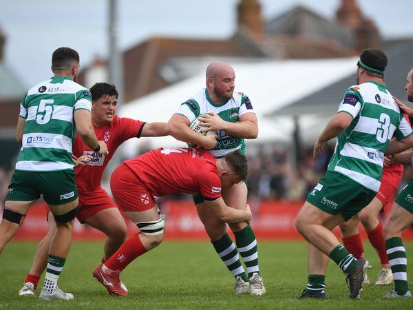 Nowhere to go: Guernsey Raiders prop Sam Steventon is stopped in his tracks by a Jersey tackler in the Siam Cup match on Saturday at St Peter. (Picture by David Ferguson, 32089334)