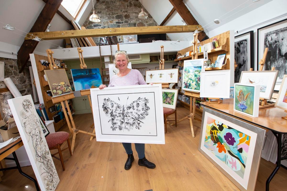 Bridget Spinney with some of the artwork which is to be exhibited and then sold at auction to raise money for The Pollinator Project and Les Bourgs Hospice. (Picture by Peter Frankland, 30069422)
