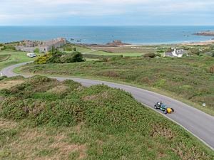 Pic supplied by Andrew Le Poidevin: 17-09-2016..Guernsey Kart & Motor Club Hillclimb at Fort Tourgis hill, Alderney...There was a spectacular view of nearly the whole hill from the commentators cherry-picker. John Robert exits the S-bend in his Westfield SEI. (31250668)