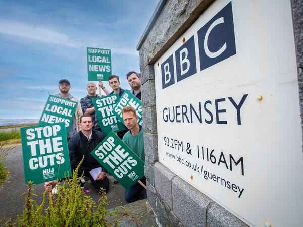 Picture By Peter Frankland. 07-06-23 BBC Guernsey journalists and other staff are on strike today over cuts to local stations. L-R - (back) Tim Hunter, Nik de Garis, Charles Kershaw and Ian Child, (front) John Fernandez and Ewan Duncan.. (32188437)