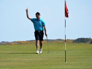Jeremy Nicolle celebrates holing a birdie putt during the inaugural Guernsey Press Elite Men's Foursomes Championship, which he won in partnership with Jake Marshall. The event will double in size next year. (Picture by Gareth Le Prevost, 30311609)