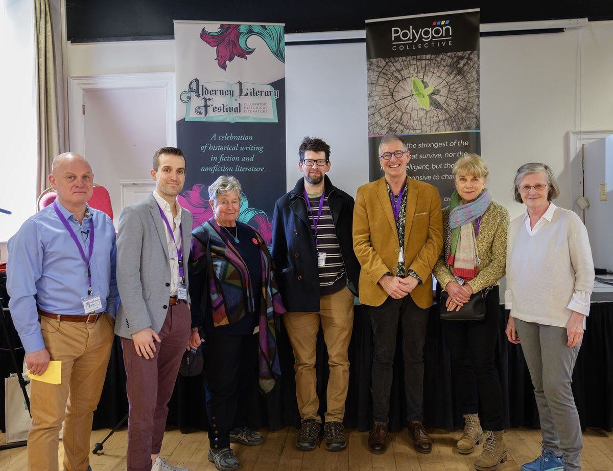 Left to right, Alderney literary Festival chairman Anthony Riches and authors Carl Graves, Jose Day, Nicholas Jubber, Sean Lusk, Anne Sebba and Julia Boyd. (31924192)