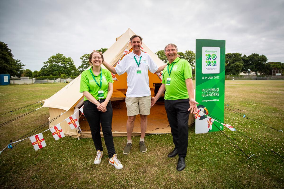 A sample glamping tent was set up for the International Island Games Association’s visit in July and chairman Jorgen Pettersson, centre, liked it. He is pictured with Games director Julia Bowditch, and director of volunteering Wayne Bulpitt. (Picture by Sophie Rabey, 31531599)