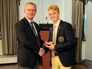 Alexander Stewart at the Canadian Rifle Shooting Championships 2023. Presentation of a gold medal to Alexander by The President of the Dominion of Canada Rifle Association, Brigadier-General Matthew Overton.
Picture supplied by Bruce Parker, 31-08-23 (32481105)