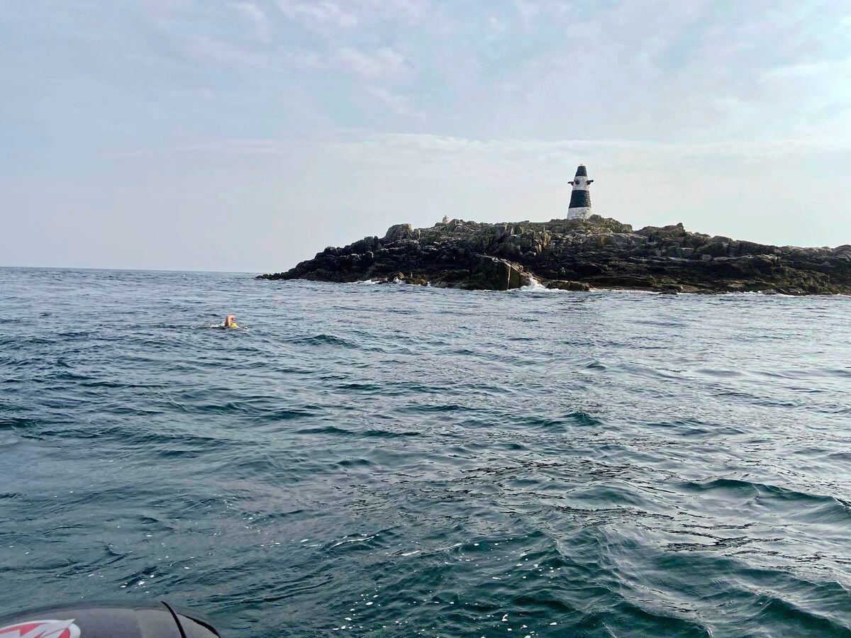 Adrian Sarchet mid-channel on Monday as he attempted to become the first person to swim solo from Guernsey to France. Image supplied by Mandy Macelworth.  (28569964)