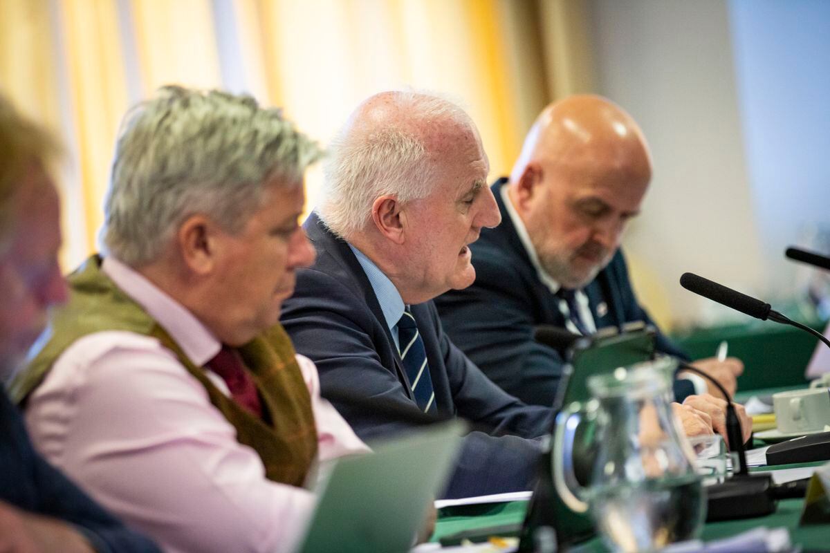 Policy & Resources Committee members, from left, Mark Helyar, Peter Ferbrache and Jonathan Le Tocq, outline new costs for major States projects to a Scrutiny panel hearing yesterday. (Picture by Sophie Rabey, 31929682)