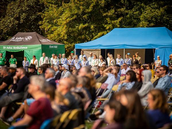 Picture by Sophie Rabey.  19/09/22.   Islanders were invited to come along to watch the live broadcast of the State Funeral of Her Majesty Queen Elizabeth II at Saumarez Park.. (31281592)