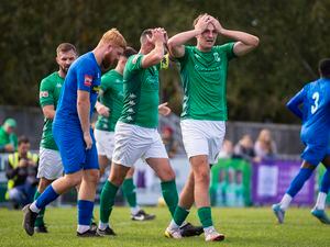 Despair for Jamie Dodd and Will Fazakerley (right) as GFC lose a point in injury time on Saturday at Footes Lane. (Picture by Luke Le Prevost, 31348685)