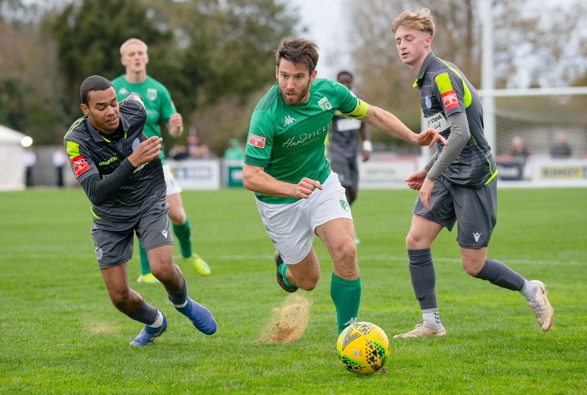 Ross Allen in action for GFC against Thatcham Town at Footes Lane in November 2021. (Picture by Andrew Le Poidevin )