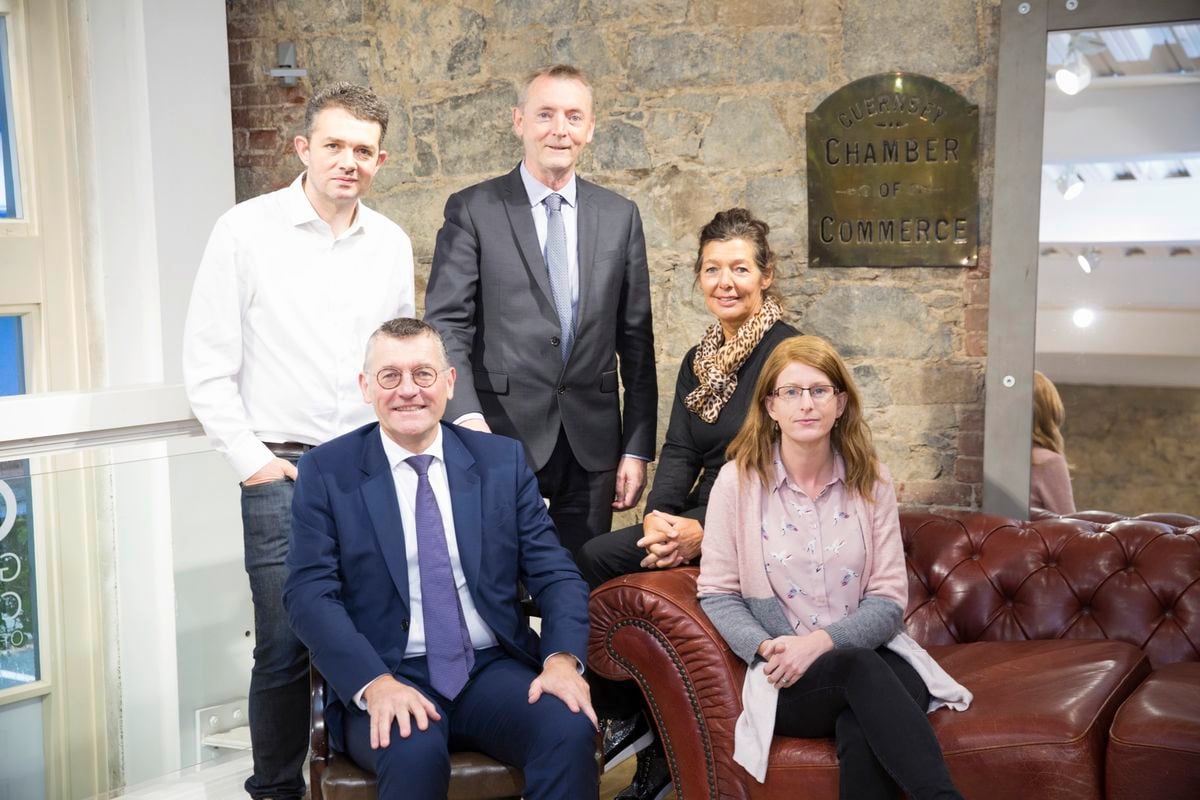 Exploring links with Rennes. Left to right: James Ede-Golightly, Institute of Directors Guernsey transport group; Bertrand Gervais, director of Ille-et-Vilaine Chamber of Commerce; Brian Murphy, Franco-British Chamber of Commerce co-ordinator; Kay Leslie, Guernsey Chamber director; and Elaine Loeillet of Ille-et-Vilaine chamber. (Picture by Adrian Miller, 26199339)