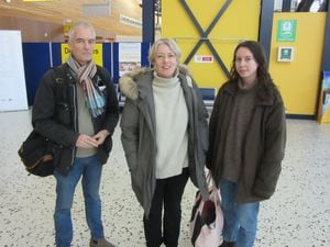 Charlie Best, Eliza Mellor and Hope Best were trying to get to Alderney yesterday after having to stay in a Guernsey hotel overnight when their flight to Alderney from Southampton was cancelled on Wednesday. (Picture by Mark Ogier, 31600495)