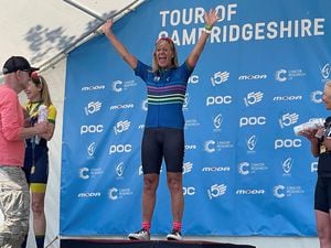 Andrea Nightingale atop of the podium after winning the women’s aged 60-64 road race. (32189373)