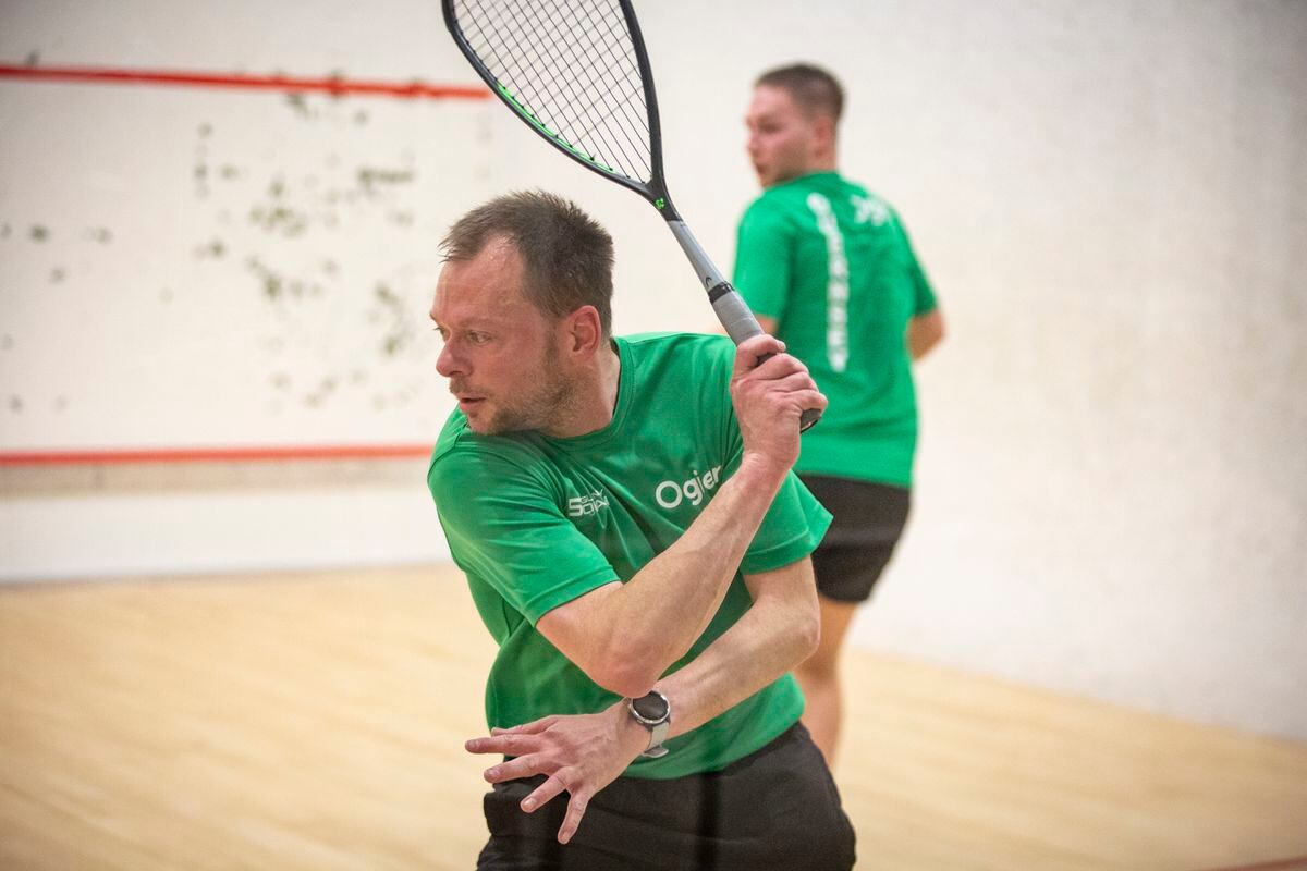 Martin Watts, pictured in action in his marathon semi-final against Patrick Josey, successfully retained his Island men's squash title. (Picture by Luke Le Prevost, 31701993)