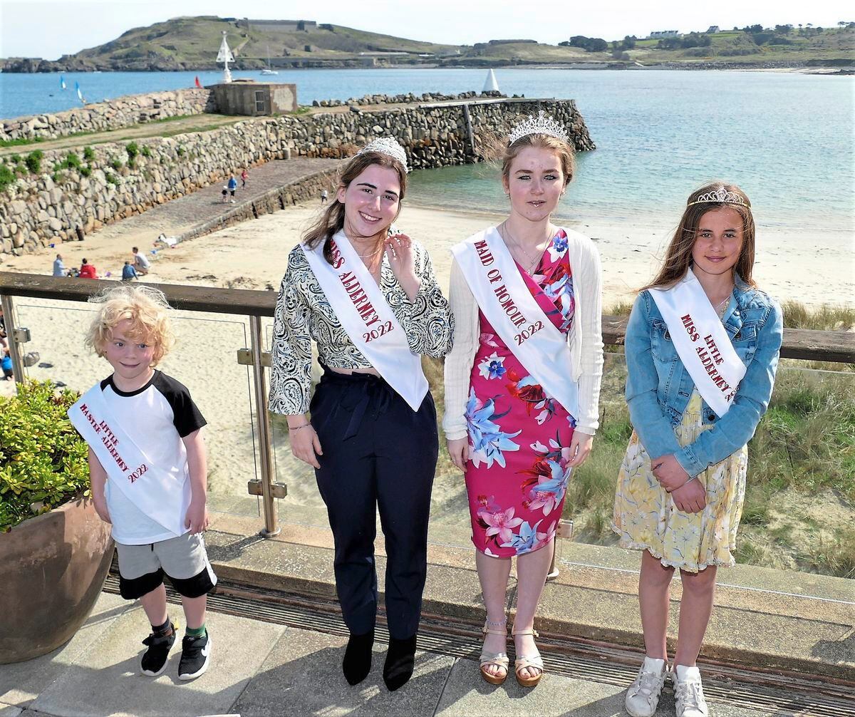 Reigning Miss Alderney Courteney Benfield, second left, with her maid of honour, Amelie Carpenter, 16, alongside her. Also pictured are the Master and Miss Junior Alderney winners from 2022, Jacob Parmentier and Eveleyn Benfield, 10.