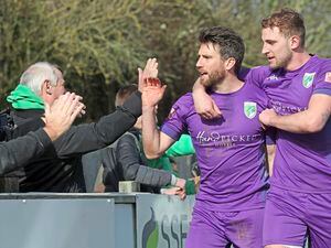Ross Allen, left, celebrates his goal last week against Thatcham Town with Will Fazakerley. GFC's record goal-scorer the celebrated his 35th birthday on Wednesday. (Picture by ESA Photos, 30548085)