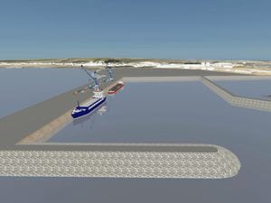 3D representation of the preferred option for the harbour redevelopment. The new facility south of the Longue Hougue land reclamation site. Image supplied by STSB and Guernsey Ports. (29533161)