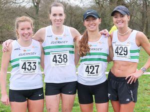 ATHLETICS Hampshire Cross-Country Championships 2023 at Fairthorne Manor in Southampton. The Guernsey women's team counting four. Left to right: Nix Petit, Natalie Whitty, Megan chapple and Emma Etheredge.
Picture by Phil Nicolle, 07-01-23 (31661157)