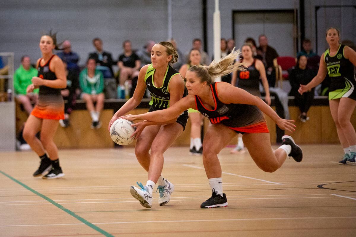 Harriet Savident takes possession of the ball for Rezzers under pressure from Jaymee-Leigh Weysom. (Picture by Luke Le Prevost, 31312729)
