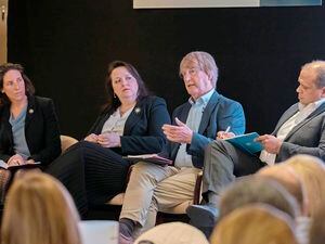 A panel of experts at the Guernsey Institute of Directors mid-term review. Left to right|: Deputy Lindsay de Sausmarez, Elaine Gray, Chris Brock and Matthew Agarwala.. (30653059)