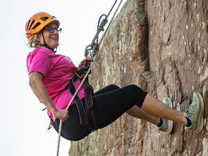 Picture by Sophie Rabey.  18/09/22.   Penny Muir-Field abseil at Le Guet, raising money for Cancer Research UK.. (31279479)