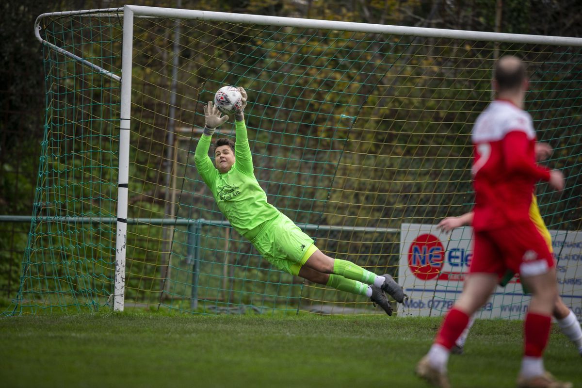 Nick Batiste making one of several fine saves for Sylvans against Vale Rec at the Corbet Field. (Picture by Luke Le Prevost, 31532923)