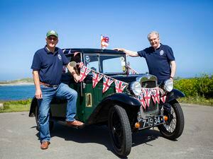 Picture by Luke Le Prevost. 19-05-22..Guernsey Old Car Club member Paul Billington owns a 1934 Austin Seven RP Box Saloon de Luxe which he and Malcolm Heath will be driving to Moreton in Marsh Glosc for a week-long celebration for the 100th Anniversary of the Austin Seven. L-R Paul Billington and Malcolm Heath. (30837881)