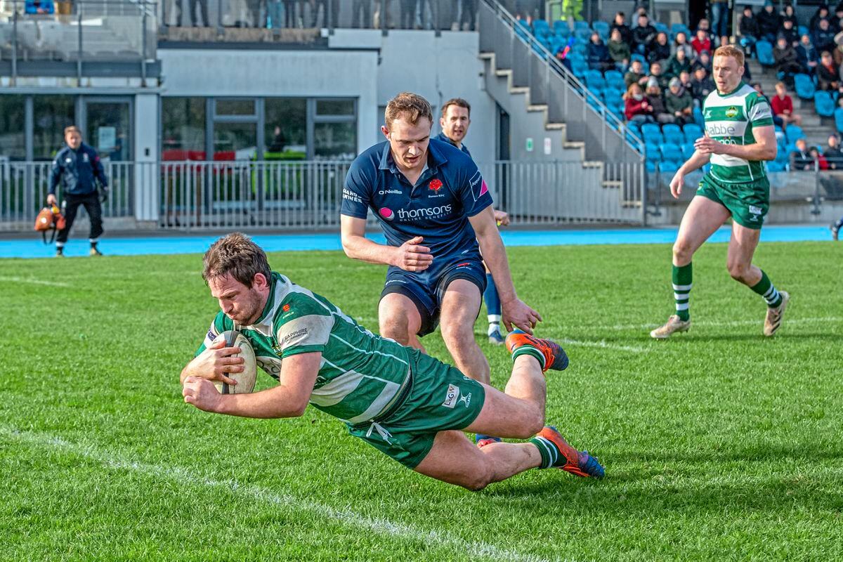 Doug Horrocks scores the first Raiders try right at the end of the first half against Barnes. (Picture by Martin Gray, 30494943)