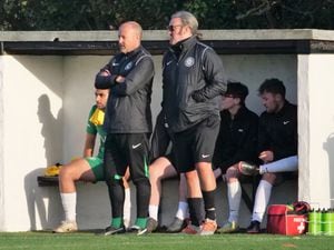 FOOTBALL FNB Priaulx League - St Martin's 4, Vale Rec 5 at Blanche Pierre Lane. Rec coaches Mark Romeril, left, and Malcolm Symons.Picture by Gareth Le Prevost, 15-10-22. (32017864)