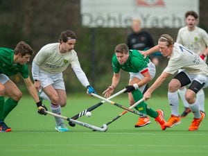 Guernsey Hockey - Guernsey Men XI v Students XI at Footes Lane. Left to right: Jonny Clark, Andrew Oxburgh, Zak Damarell and Cameron Rivers-Moore.Picture by Martin Gray, www.guernseysportphotography.com, 27-12-21. (31595300)