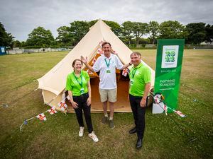 A sample of the type of glamping tent which could house Island Games athletes was on display at Beau Sejour. Left to right, Games director Julia Bowditch, International island Games Association chairman Jorgen Pettersson and director of volunteering Wayne Bulpitt. (Picture by Sophie Rabey, 31011604)