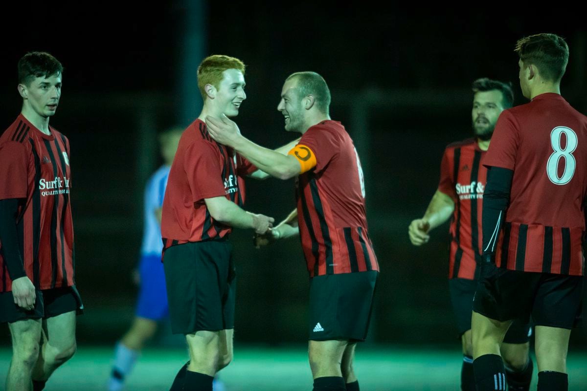 Rangers captain Shane Billien, right, congratulates Sam Heathcote on his goal on Friday night at the KGV. (Picture by Peter Frankland, 30371784)