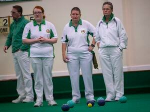 Picture by Sophie Rabey.  08-01-22.  Channel Island Indoor Bowls Finals..Catherine Snell, Alison Merrien MBE and Shirley Petit. (30372401)