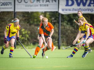 Indies goal-scorer Teya Sheppard in possession, being closed down by her Island teammates Mix Byrom, left, and Katherine Bushell. (Picture by Sophie Rabey, 31969483)
