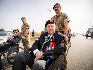 Picture by Sophie Rabey.  09-05-22.   Libaration Day 2022.  Military Parade along St Peter Port Seafront.  D-day veteran - John (Jack) Quinn (aged 97). (30798713)