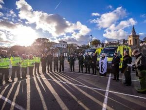 Picture by Sophie Rabey.  28-11-21.   Handover of New Ambulances to St John Ambulance.  Presentation on Albert Pier, recreating the first handing over of Ambulance in 1937.. (30248179)