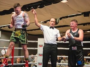 Picture by Luke Le Prevost. 26-02-22..Boxing open show at Beau Sejour - Guernsey v East Wales..Cruiserweight - Casey De La Mare and Jamie Way. (30549399)