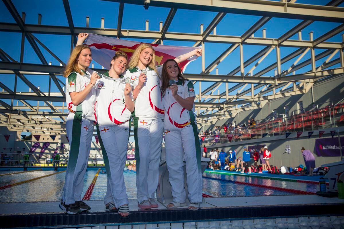 Picture By Peter Frankland. 10-07-19 Island Games 2019 Gibraltar. IG 2019. Swimming. 4x100m freestyle relay team - L-R - Laura Le Cras, Tatiana Tostevin, Courtney Butcher and Orla Rabey.. (29190365)