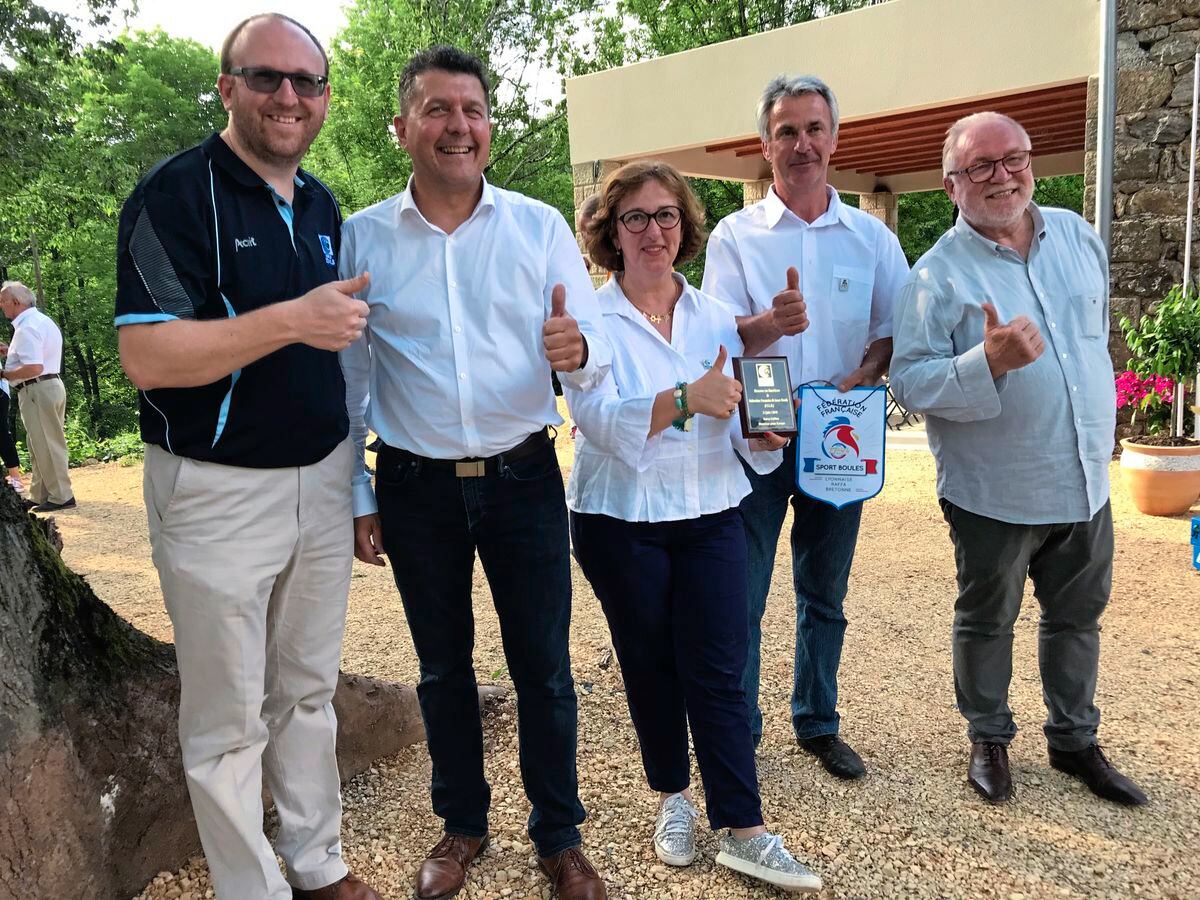 Guernsey’s World Bowls European regional director Garry Collins (far left) with French Federation of Lawn Bowls president Patrick Duvarry (far right) and local officials in the Ardeche. (22255491)