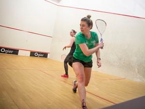 Picture by Luke Le Prevost. 11-03-23.Inter-insular squash and racketball action at Beau Sejour - Guernsey v Jersey. Natalie Birch (Gu, closest) v Beth Garton (Je, furthest) (31891120)