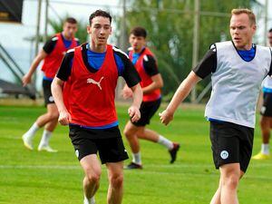 Guernsey's Joe Adams, left, training with the Wigan Athletic first team squad in Antalya, Turkey. (Picture from @LaticsOfficial)