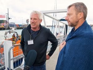 Robert Clifford, left, and Duncan Laisney talk to the media at St Helier Harbour after being rescued from a life raft by RNLI lifeboats after their light aircraft ditched in the sea off Jersey on Thursday. (Picture by Rob Currie, Jersey Evening Post)