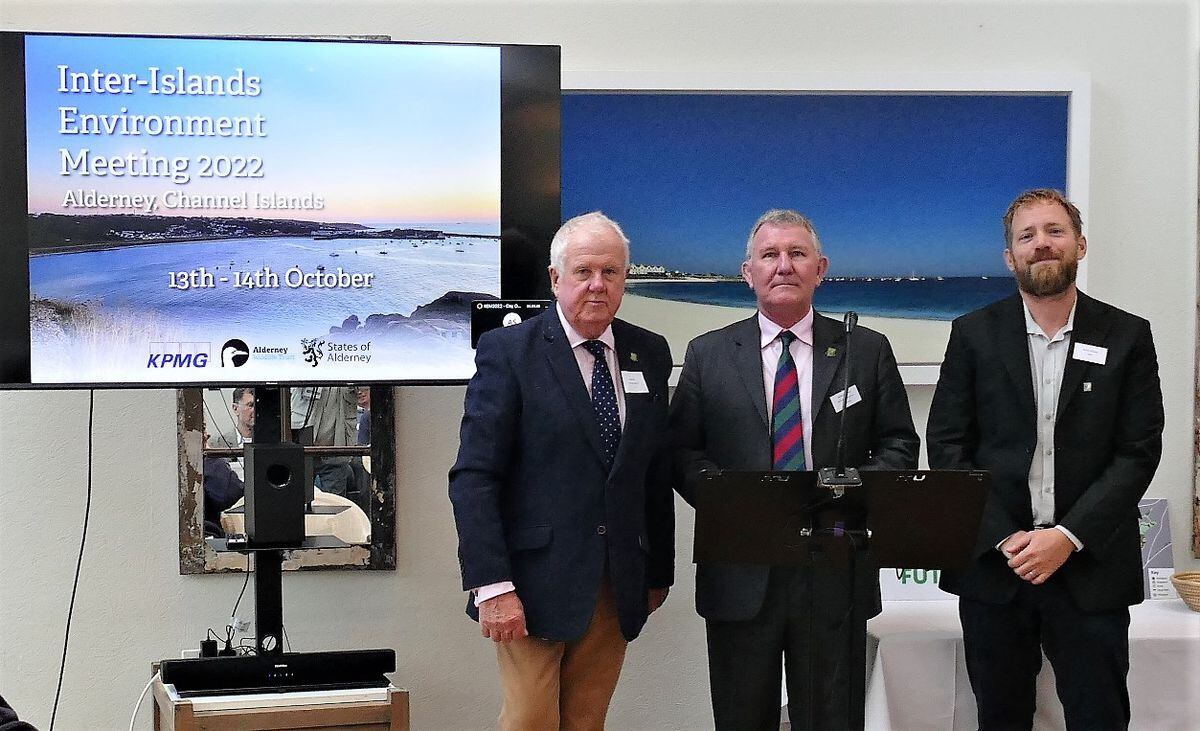 The Lt-Governor, Lt General Richard Cripwell, centre, opened the Inter-Island Environment Meeting in Alderney yesterday. With him are Boyd Kelly, left, the chairman of Alderney’s General Services Committee, and Alderney Wildlife Trust CEO and event organiser Roland Gauvain. (Picture by David Nash)