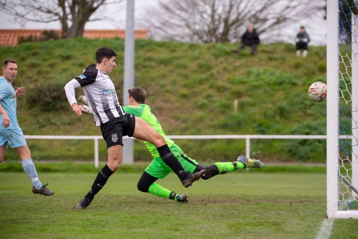 Danny Hale scores the second of his two goals at Northfield on Saturday. (Picture by Andrew Le Poidevin, 30419203)