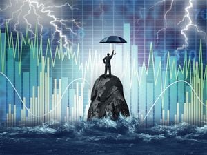 Market turbulence and financial crisis security concept as a volatile stock market with price volatility as a businessman holding an umbrella as a business symbol with 3D illustration elements. (31955320)