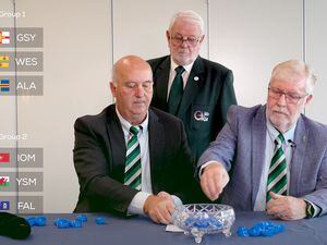 The draw being made for the Guernsey 2023 NatWest International Island Games football competitions. Martyn Banton, Guernsey Football Association Vice Chairman, Brian Allen, Chairman of the Guernsey Island Games Association and Chris Schofield, GFA Chairman. Picture supplied, 30-01-23 (31755620)