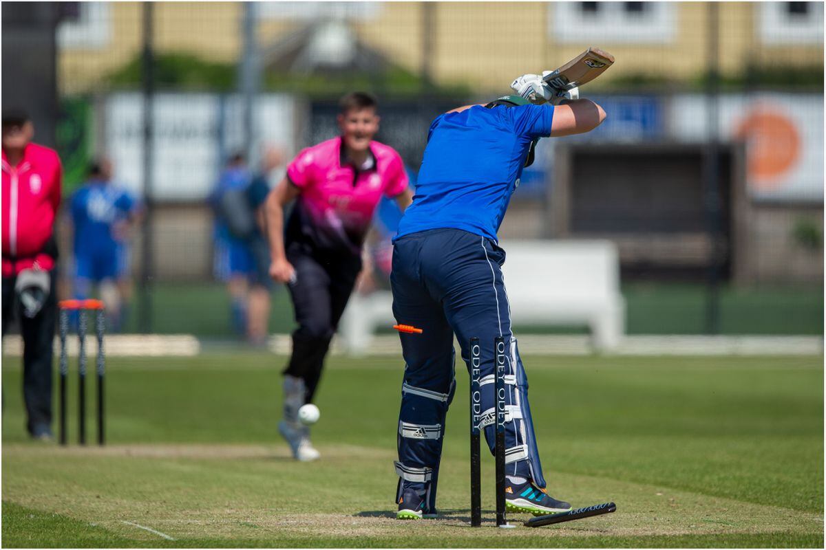 Lucas Barker is bowled by Luke Bichard. (Picture by Martin Gray, www.guernseysportphotography.com, 32136538)