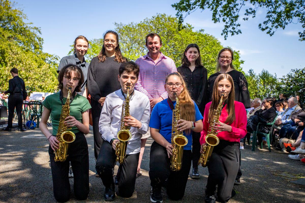 The Guernsey Music Service, divided between the Trainee Jazz and Youth Jazz Orchestras, performed at a Candie Concert at Candie Gardens. Left to right, top row, from the Youth Jazz Orchestra: Emma Lenfestey, Carys Hodgson, Tim Wright (head of Guernsey Music Service), Lily Whiteman and Maddy Vaudin. Bottom row, from the Trainee Jazz Orchestra: Jasmine Atkinson, Francesco Cacace, Phoebe Lesbirel and Isobel Sexton. (Pictures by Luke Le Prevost, 32137497)